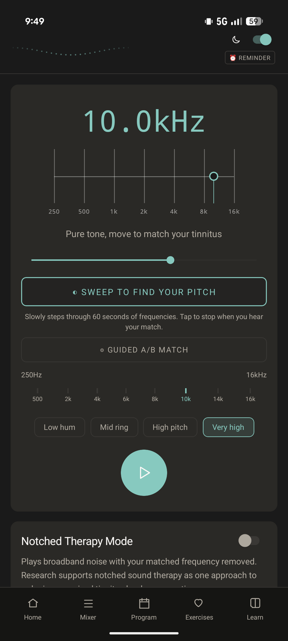 The Frequency matching tab in dark mode, matched at 10.0kHz