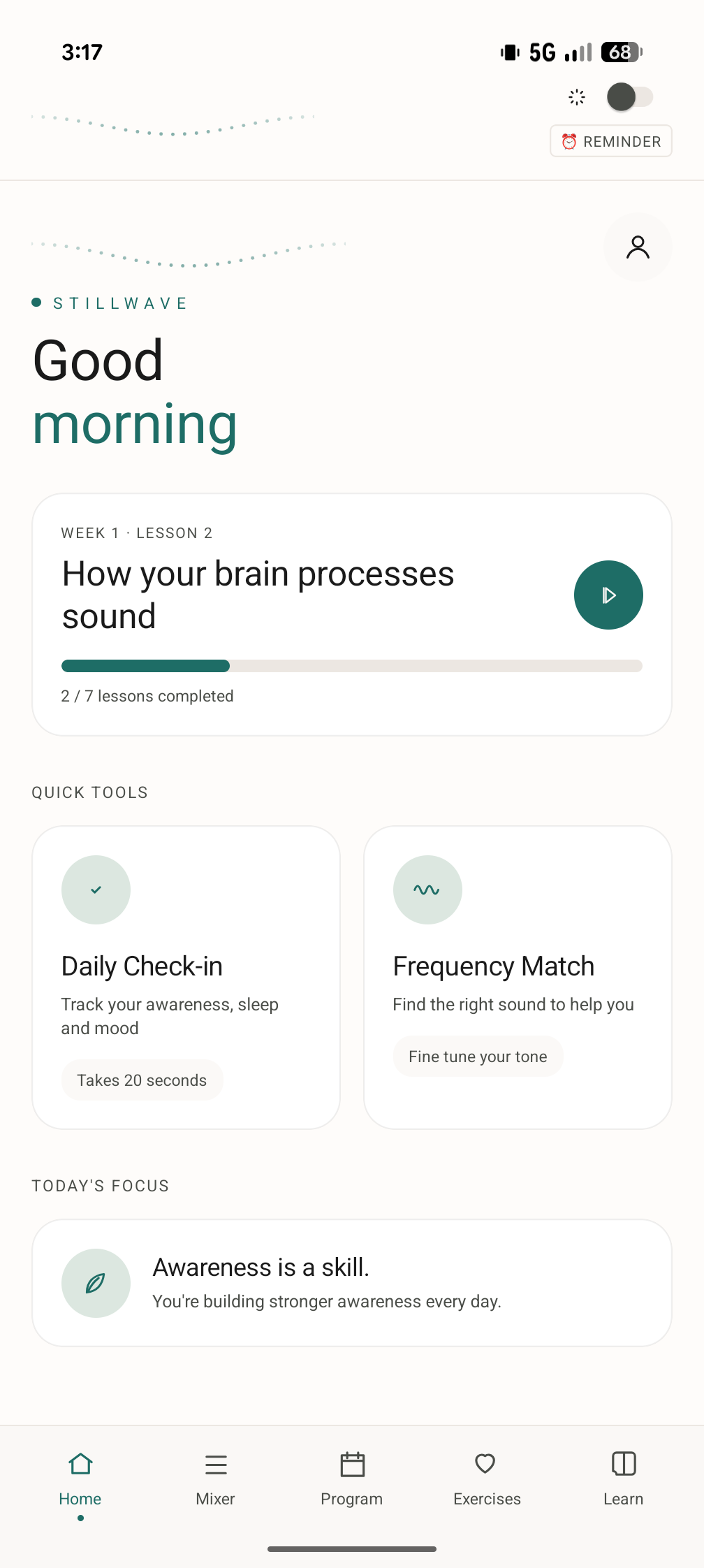 The Home tab, showing today's lesson and quick tools