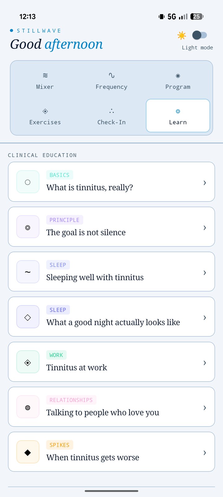 The Learn tab in light mode, showing clinical education articles