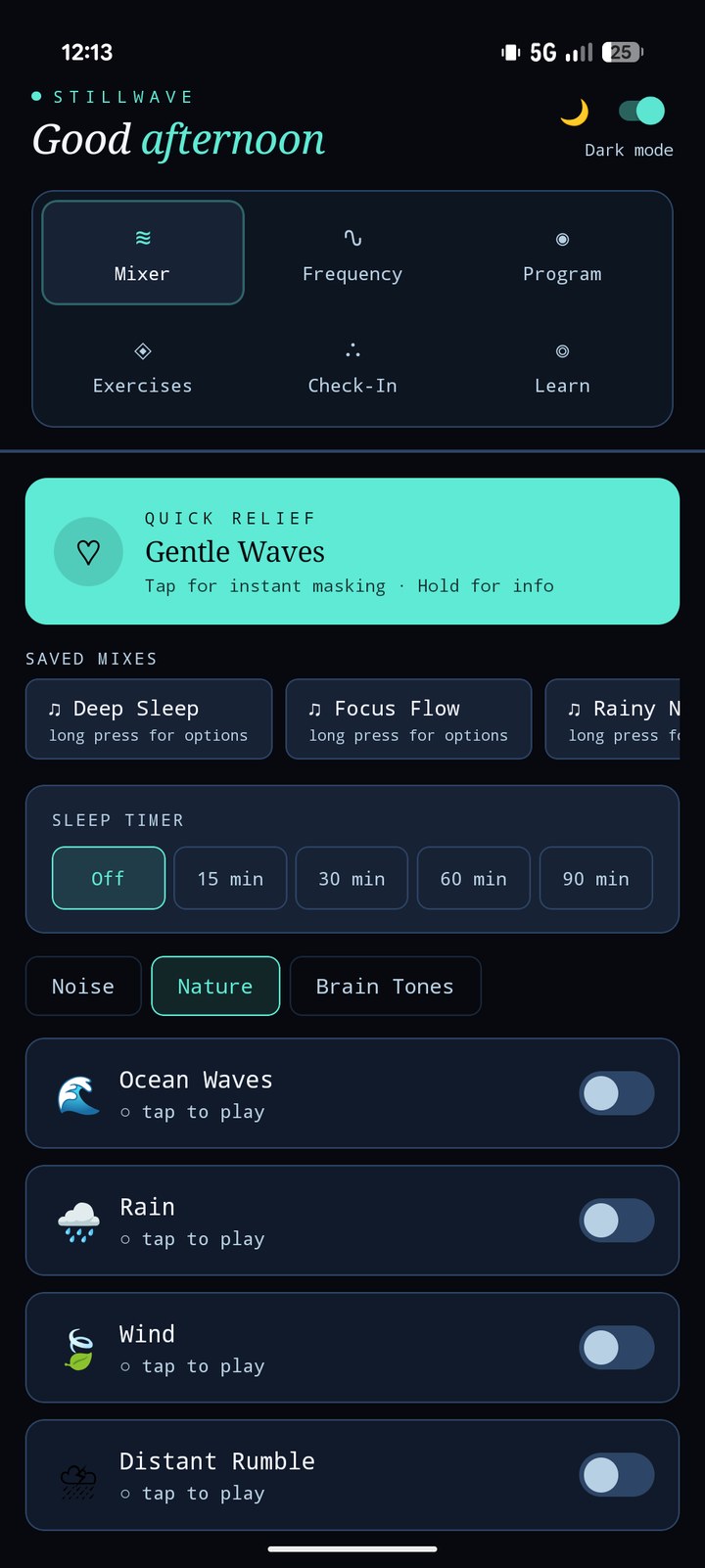 The mixer tab in dark mode, with sound layers and a sleep timer