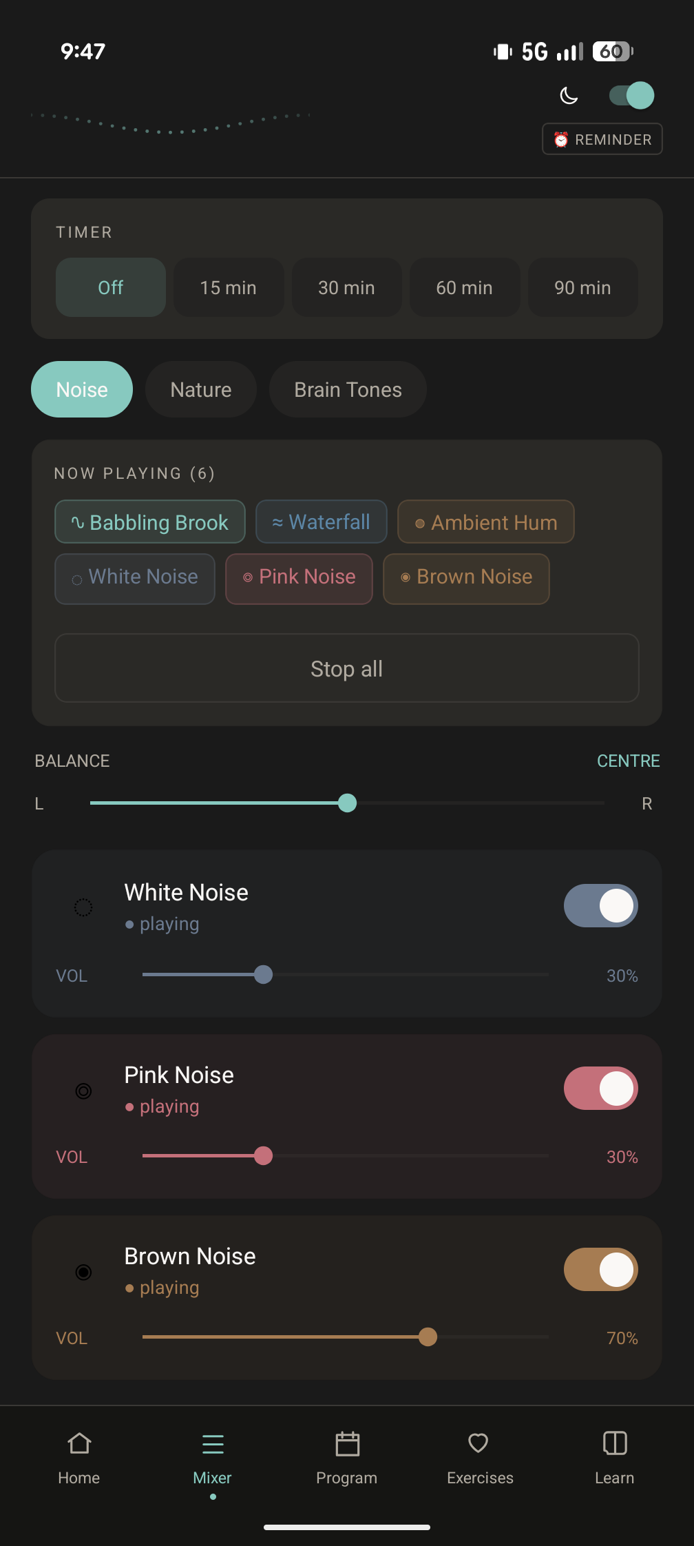 The Mixer tab in dark mode, with six sounds layered