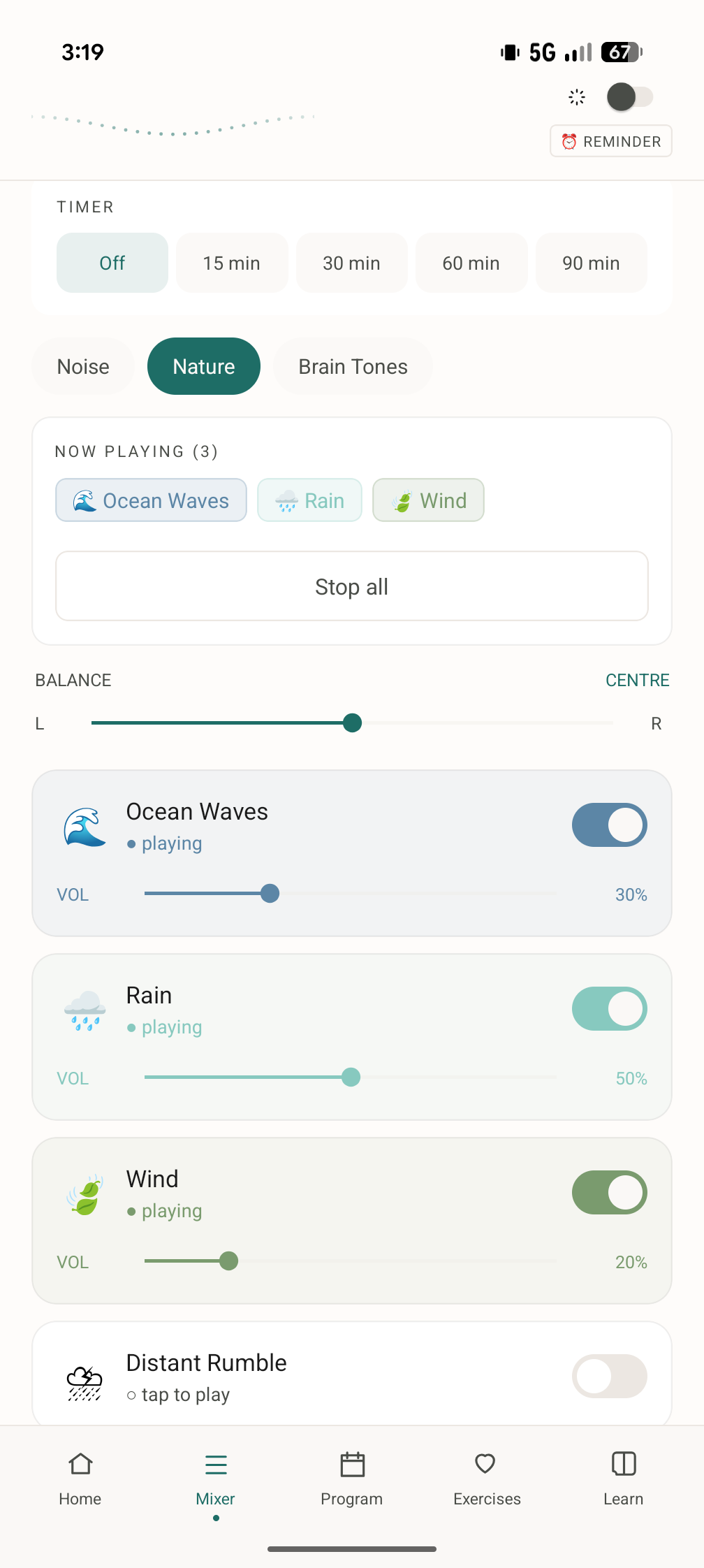 The Mixer tab, light mode, with ocean waves, rain and wind layered