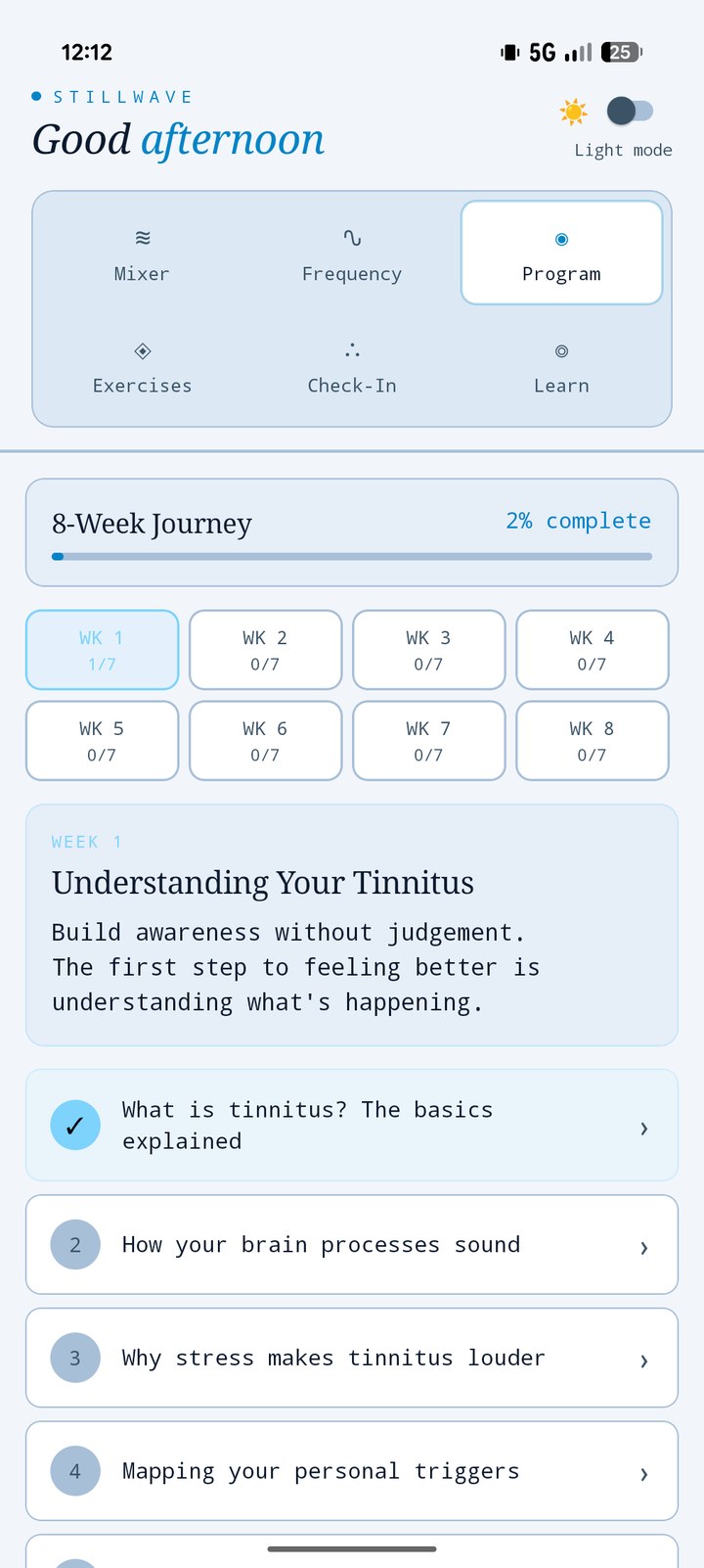 The 8-week program tab in light mode, showing Week 1's lessons