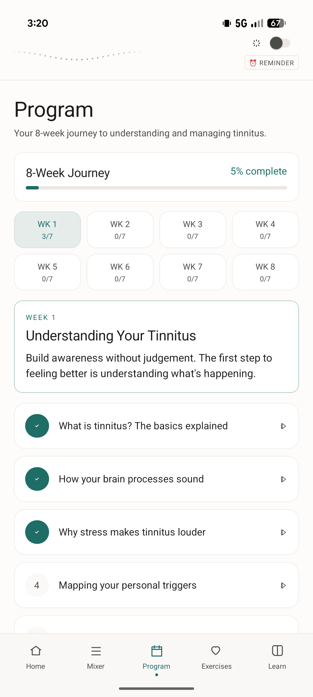The Program tab, showing Week 1's lessons